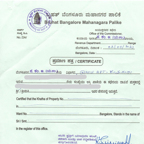 Obtaining Khata J P Nagar
