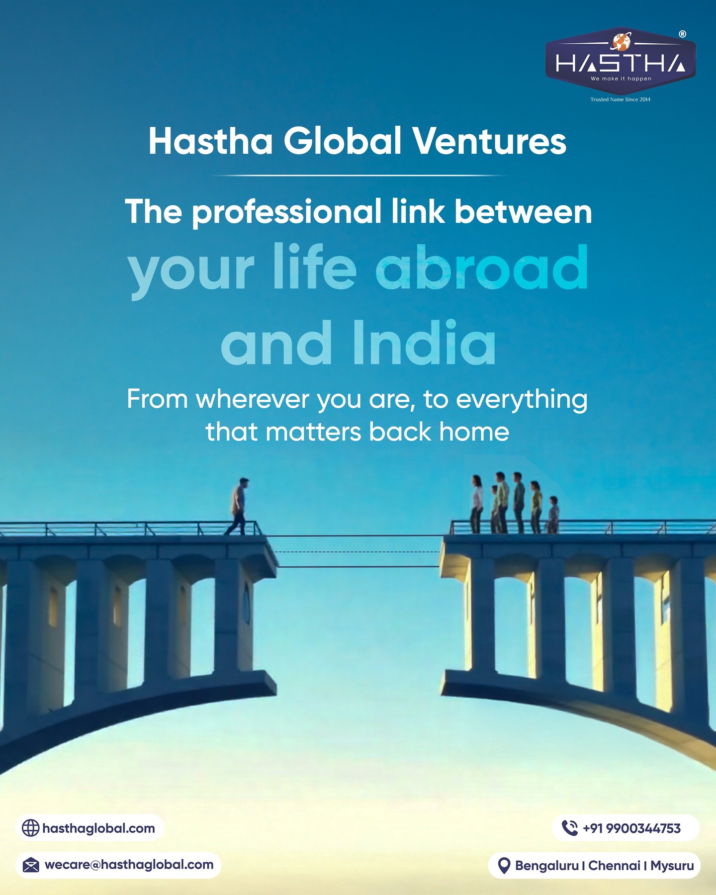 You might live miles apart, but your connection to India doesn’t have to feel distant.

Hastha Global Ventures bridges that gap by caring for everything that matters to you. 

Enroll for our membership and avail our services today.

[Hastha Global Ventures, Service Providers, Family Care, Facilities Management, Nri Indians, Nri Management]