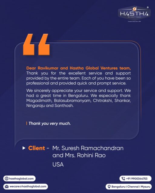 For NRIs, every visit back to India is more than a visit. It's about making the most of their limited time here.

We are grateful to have supported Mr. Suresh Ramachandran and Mrs. Rohini Rao during their stay in Bengaluru, ensuring their trip was hassle-free and cared for.

It was a privilege to be the support they needed at just the right time.

Contact us today and explore our services.

[Hastha Global Ventures, Testimonial, Customer Experience, Services, NRI, Nri Indians]