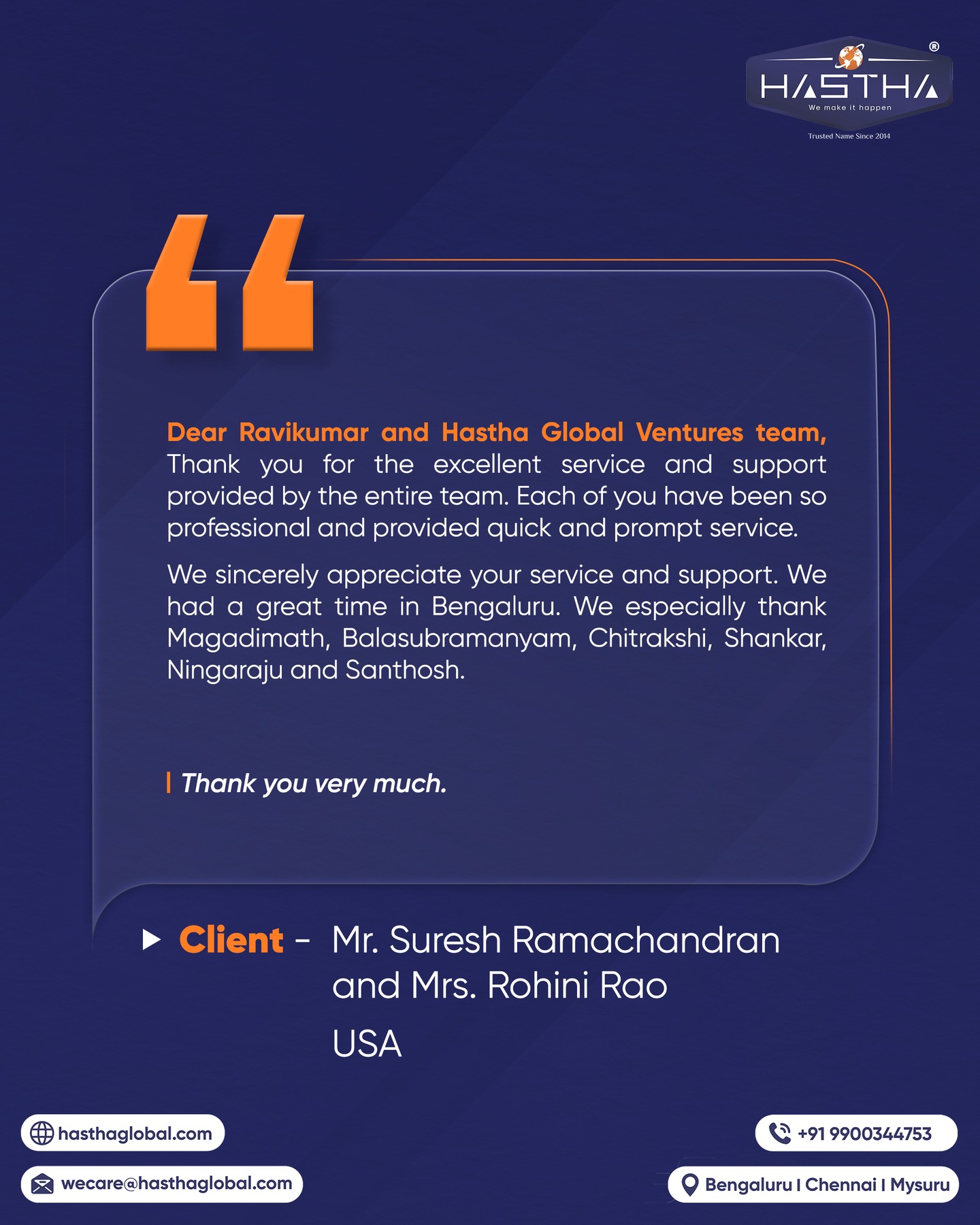 For NRIs, every visit back to India is more than a visit. It's about making the most of their limited time here.

We are grateful to have supported Mr. Suresh Ramachandran and Mrs. Rohini Rao during their stay in Bengaluru, ensuring their trip was hassle-free and cared for.

It was a privilege to be the support they needed at just the right time.

Contact us today and explore our services.

[Hastha Global Ventures, Testimonial, Customer Experience, Services, NRI, Nri Indians]