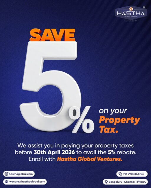 A timely property tax payment isn’t just about compliance. It’s about avoiding unnecessary penalties and making the most of available savings.

Hastha Global Ventures ensures your property tax payments are handled seamlessly, helping you stay ahead of deadlines and secure applicable benefits without last-minute challenges.

Plan ahead and save more. Connect with Hastha Global Ventures to know more.

[Hastha Global Ventures, Property Tax, Saving, Rebate, Tax Payment, Service Provider]
