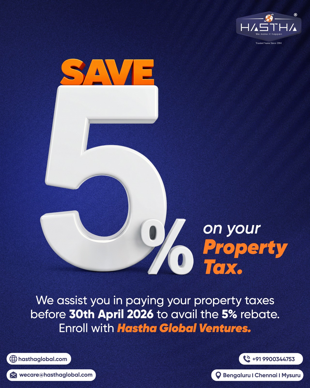 A timely property tax payment isn’t just about compliance. It’s about avoiding unnecessary penalties and making the most of available savings.

Hastha Global Ventures ensures your property tax payments are handled seamlessly, helping you stay ahead of deadlines and secure applicable benefits without last-minute challenges.

Plan ahead and save more. Connect with Hastha Global Ventures to know more.

[Hastha Global Ventures, Property Tax, Saving, Rebate, Tax Payment, Service Provider]