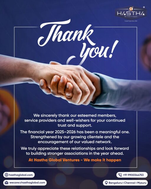 Business built on trust creates a lasting impact.

This financial year, we are grateful to every member, service provider and well-wisher who has contributed to our remarkable journey at Hastha Global Ventures.

We look forward to continuing these associations and achieving greater milestones together in the new financial year.

Thank you for being an integral part of our journey.

[Hastha Global Ventures, Gratitude, Thank You, Financial Year, Clients, Client Relationship, Service Provider, Appreciation]