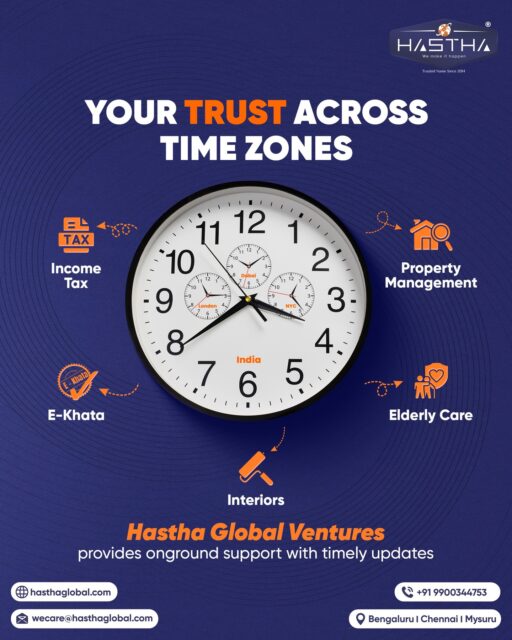 The distance between where you live and where your responsibilities lie can often feel overwhelming. At Hastha Global Ventures, we bridge that distance with care, trust and reliability.

For Indians living abroad, managing responsibilities back home can be challenging - from elderly care to important paperwork and day to day tasks. Our dedicated team ensures that everything that matters to you in India is handled with the utmost responsibility and attention.

We don’t just manage your tasks - we help maintain the rhythm of your life back home.

Enroll for our membership and experience the support that stays steady, no matter the time zone.

[Hastha Global Ventures, Property Management, Income Tax, Service Provider, Time Zones, NRI, Support]