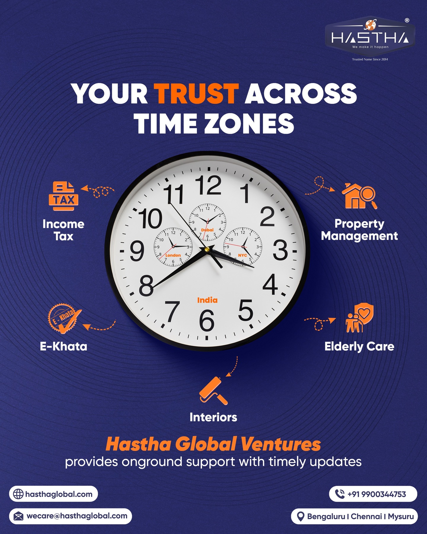 The distance between where you live and where your responsibilities lie can often feel overwhelming. At Hastha Global Ventures, we bridge that distance with care, trust and reliability.

For Indians living abroad, managing responsibilities back home can be challenging - from elderly care to important paperwork and day to day tasks. Our dedicated team ensures that everything that matters to you in India is handled with the utmost responsibility and attention.

We don’t just manage your tasks - we help maintain the rhythm of your life back home.

Enroll for our membership and experience the support that stays steady, no matter the time zone.

[Hastha Global Ventures, Property Management, Income Tax, Service Provider, Time Zones, NRI, Support]